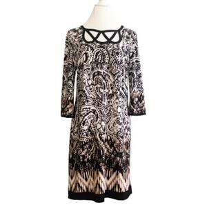Sandra Darren Dress Black White Brown Print Cut Out Neckline 3/4 Sleeve Size 10